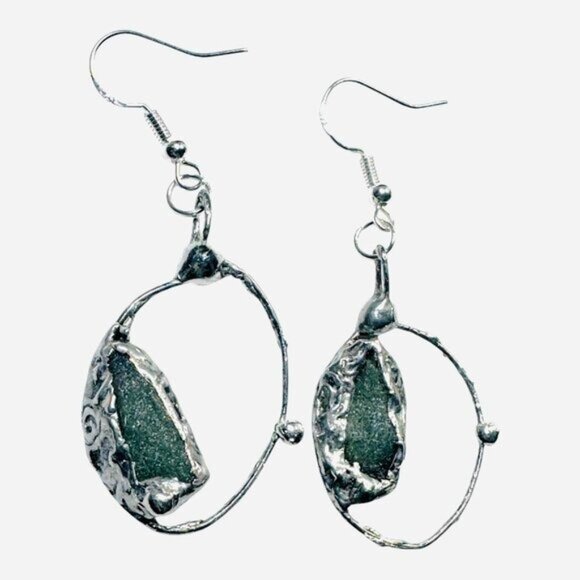 Natural Moldavite & Sterling 925 Boho Metalwork Earrings - Picture 5 of 17
